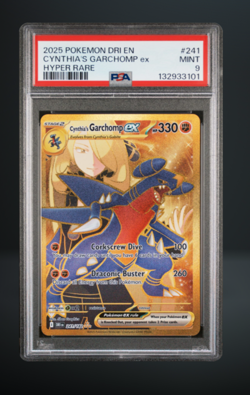 2025 POKEMON DRI EN-DESTINED RIVALS HYPER RARE #241 CYNTHIA'S GARCHOMP EX PSA 9 - Image 1