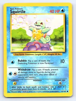 Squirtle 63/102 Common Base Set Unlimited Pokemon Heavily Played - Image 1