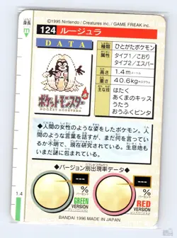Jynx No. 124 Bandai Carddass Series 1-2 R Red Japanese Pokemon 1996 MP - Image 2