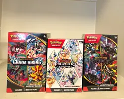 Pokemon TCG Prismatic Evolutions, Pitch Black, Chaos Rising booster bundle lot. - Image 1