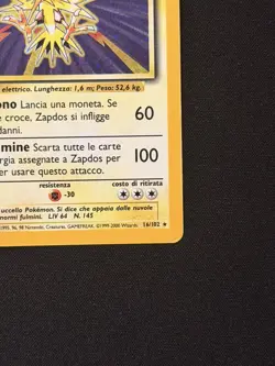 Zapdos Holo 16/102 Base Set ITA Unlimited WOTC Pokemon Vintage Originale - Image 5