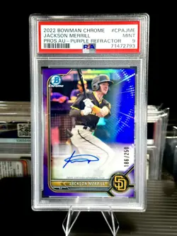 2022 Jackson Merrill 1st Bowman Chrome Auto Purple Refractor /250 PSA 9 - Image 1