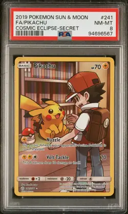 2019 POKEMON SUN & MOON COSMIC ECLIPSE SECRET #241 FULL ART/PIKACHU PSA 8 - Image 1