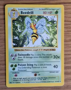 Pokemon Card Beedrill NM Base Set (Shadowless) Rare 17/102 - Image 1