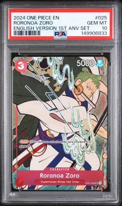 2024 ONE PIECE ENGLISH VERSION 1ST ANNIVERSARY SET #025 RORONOA ZORO PSA 10 - Image 1