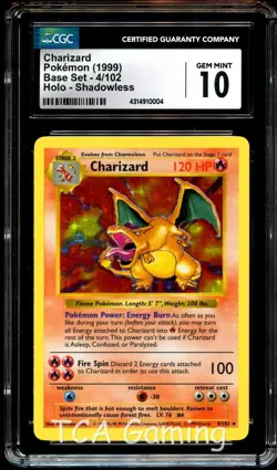 CGC 10 GEM MINT Charizard 4/102 SHADOWLESS HOLO RARE Base Set Pokemon Card 004 - Image 1