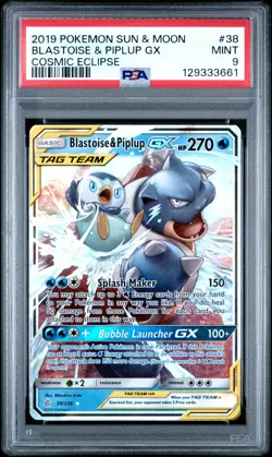 2019 POKEMON SUN & MOON COSMIC ECLIPSE #38 BLASTOISE & PIPLUP GX PSA 9 - Image 1