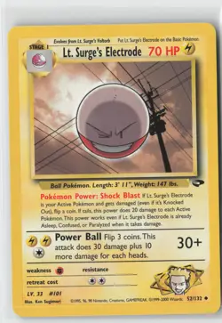 LT. SURGE'S ELECTRODE UNLIMITED UNCOMMON G2 GYM CHALLENGE POKEMON 52/132 LP - Image 1