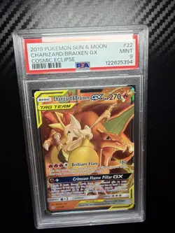 Pokemon Sun & Moon Cosmic Eclipse Charizard & Braixen GX 22/236 Holo PSA 9 - Image 1