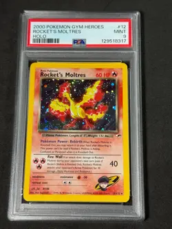 Pokemon PSA 9 Rocket's Moltres 12/132 Gym Heroes Holo Unlim 2000 New Cert Swirl* - Image 1