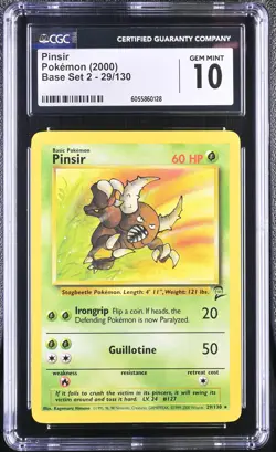 CGC 10 GEM MINT Pinsir 2000 Base Set 2 29/130 Pokemon Card - Image 1