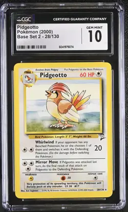 CGC 10 GEM MINT Pidgeotto 2000 Base Set 2 28/130 Pokemon Card - Image 1