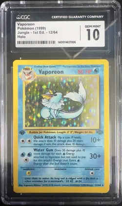 Pokemon TCG Vaporeon Jungle Set Holo Rare Card 12/64 1st Edition CGC 10 🚀 - Image 1