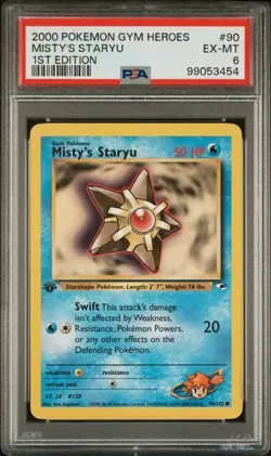 TCG 2000 Pokemon GYM HEROES Non-Holo 1ST Edition Card MISTY'S STARYU # 90 PSA 6 - Image 1