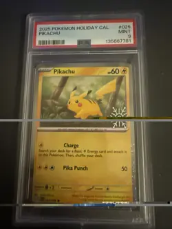 Pokemon TCG Pikachu 2025 Holiday Calender Snowflake Stamped #25 PSA 9 Mint - Image 1
