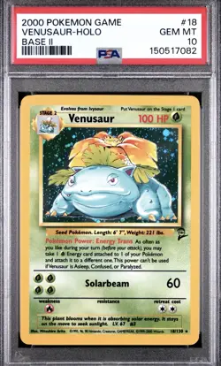PSA 10 GEM MINT Venusaur 18/130 HOLO RARE Base Set 2 Pokemon Card - Image 1