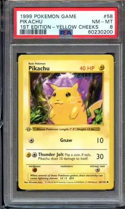 Pikachu Common Yellow Cheek 1st Shadowless Base Set 58/102 PSA 8 NM/MT Pokemon - Image 1