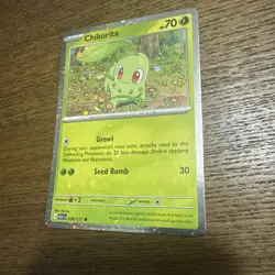 Chikorita 008/217 ME: AH Pokemon Cosmo Holo Bleed error card with Swirl - Image 1