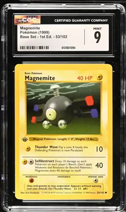 CGC 9 MINT Magnemite 53/102 1st Edition Shadowless Base Set Pokemon Card - Image 1