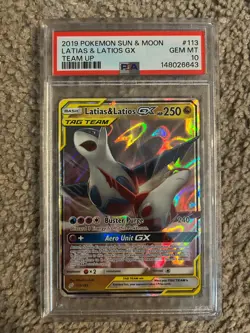 2019 POKEMON SUN & MOON TEAM UP 113 LATIAS & LATIOS GX PSA 10 - Image 1