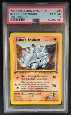 PSA 10 Blaine's Rhyhorn 65/132 1st Edition Gym Challenge Pokemon Graded Card - Image 1
