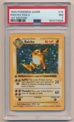 PSA 7 Pokemon Base Set 1st Edition Holo Rare Raichu 14/102 NEAR MINT Condition! - Image 1