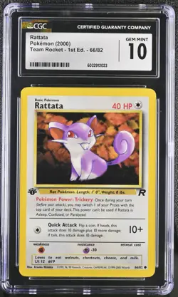 CGC GEM MINT 10 2000 Pokemon Rattata Team Rocket 1st Edition 66/82 - Image 1