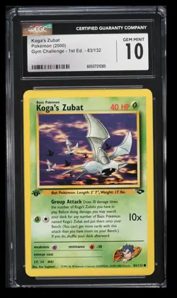 2000 Pokemon Gym Challenge 1st Ed. Koga's Zubat CGC 10 English #83/132 Vintage - Image 1