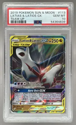 Latias Latios GX 2019 Pokemon Sun Moon Team Up #113 Holo PSA 10 - Image 1
