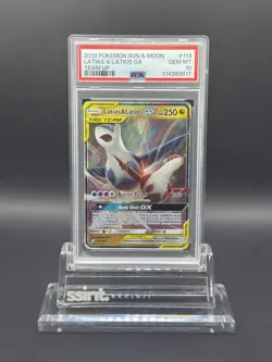 2019 POKEMON SUN & MOON TEAM UP #113 113/181 LATIAS & LATIOS GX PSA 10 - Image 1