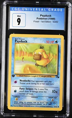 Blue Label CGC 9 MINT Psyduck 1999 Fossil 1st Edition 53/62 Pokemon Card - Image 1