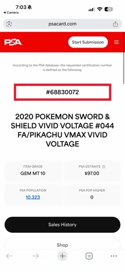Pokemon Pikachu VMAX 044/185 SWSH FA Vivid Voltage TCG #044 2020 - PSA 10 - Image 3