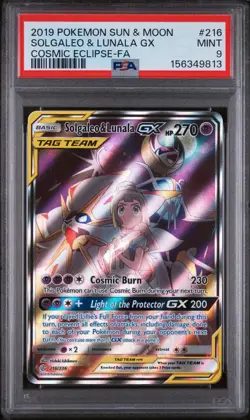 2019 POKEMON SUN & MOON COSMIC ECLIPSE #216 FULL ART/SOLGALEO & LUNALA GX PSA 9 - Image 1