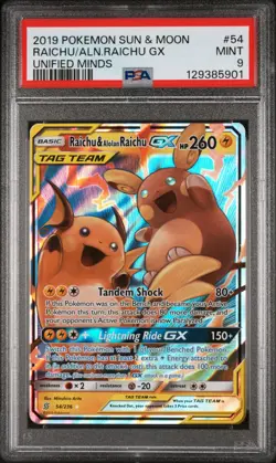 2019 POKEMON SUN & MOON UNIFIED MINDS #54 RAICHU & ALOLAN RAICHU GX PSA 9 - Image 1