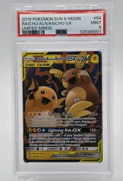 2019 POKEMON SUN & MOON UNIFIED MINDS #54 RAICHU & ALOLAN RAICHU GX PSA 9 - Image 3