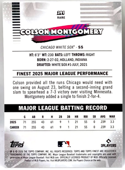 COLSON MONTGOMERY RC SHORT PRINT BASE RARE WHITE SOX / 2026 TOPPS FINEST #291 - Image 2