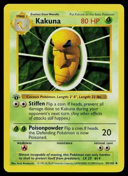 Pokemon Card - Kakuna Base Set Shadowless 33/102 1st Edition Uncommon - Image 1