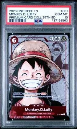 2023 ONE PIECE PREMIUM CARD 25TH ANNIVERSARY #001 MONKEY D LUFFY EN PSA 10 - Image 1
