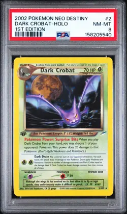 2002 POKEMON NEO DESTINY 1ST EDITION #2 DARK CROBAT-HOLO PSA 8 - Image 1