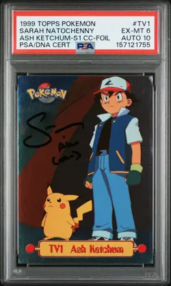 1999 TOPPS POKEMON SERIES 1 CHARACTER CARDS FOIL #TV1 ASH KETCHUM PSA 6 AUTO 10 - Image 1