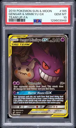 2019 POKEMON SUN & MOON TEAM UP #165 FULL ART/GENGAR & MIMIKYU GX PSA 10 - Image 1