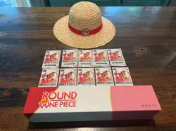 Round 1 One Piece Trading Card Game Promo (ENGLISH 10 SEALED PACKS! + Hat & Mat - Image 1