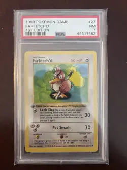 1999 POKEMON GAME 1ST EDITION SHADOWLESS BASE #27 FARFETCH'D PSA 7 WOTC - Image 1