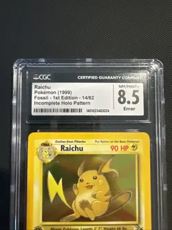 Pokemon Card Fossil 1st Edition Raichu Incomplete Holo Pattern CGC 8.5 error - Image 2
