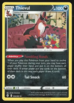 SWSH07: Evolving Skies Thievul #105/203 Rare Pokemon Card - Image 1