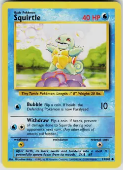 Squirtle 63/102 Common Base Set Unlimited Pokemon Moderately Played - Image 1