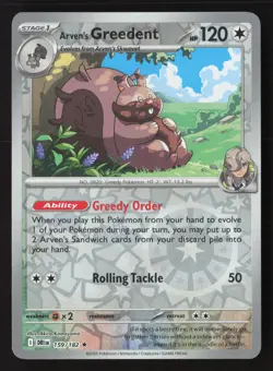 Arven's Greedent Rare SV10: Destined Rivals 159/182 NM Pokemon Card Reverse Holo - Image 1