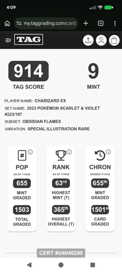 Pokemon TCG Charizard EX Sir Obsidian Flames 223/197 Full Art TAG 9 MINT Card - Image 2
