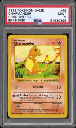 Charmander 46/102 Shadowless Game Pokemon PSA 9 - Image 1