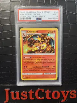 PSA 9 2019 POKEMON 14/181 SUN & MOON CHARIZARD HOLO TEAM UP CRACKED ICE - Image 1